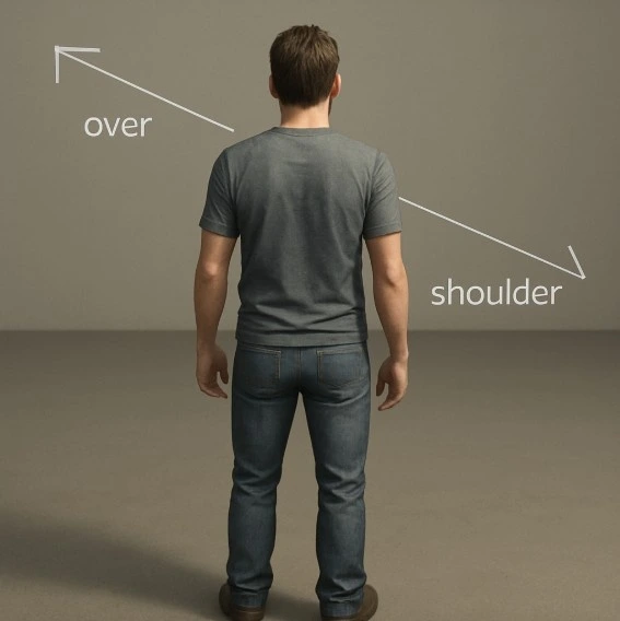 A realistic 3D character model standing in a simple digital environment with camera angle indicators (over-the-shoulder view).