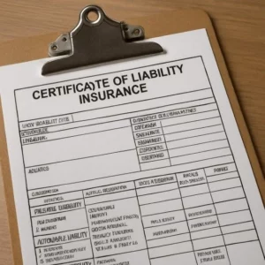 A close-up of a Certificate of Liability Insurance (COI) document on a clipboard.