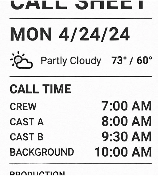 A mobile-friendly digital call sheet layout showing call times and weather updates.