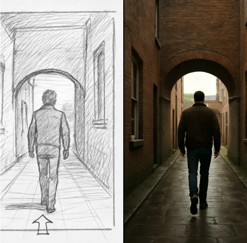 A split screen showing a traditional hand-drawn storyboard next to a photorealistic 3D virtual set.