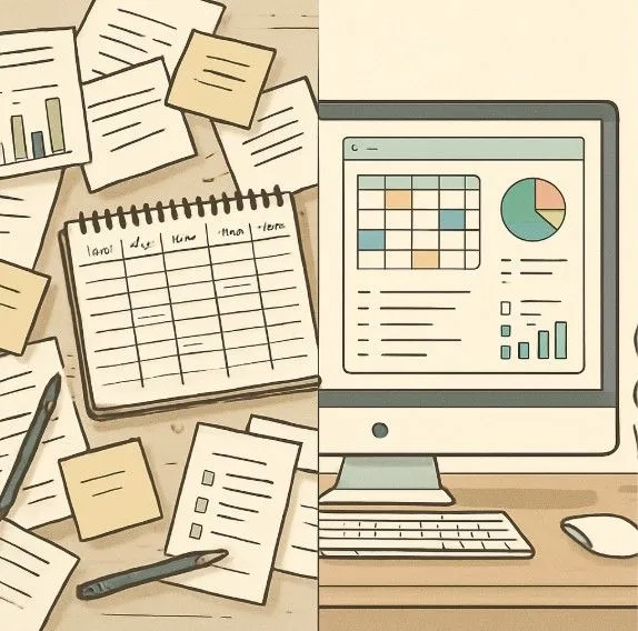 A split image showing a chaotic, paper-cluttered desk on one side and a clean, organized digital dashboard on the other to represent the transition from manual to digital planning.A split image showing a chaotic, paper-cluttered desk on one side and a clean, organized digital dashboard on the other to represent the transition from manual to digital planning.