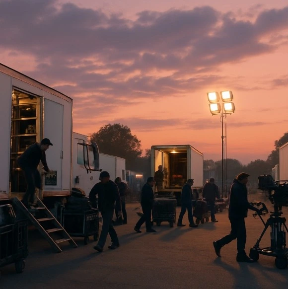 A wide shot of a bustling film set at dawn, capturing the organized energy of a production morning. White equipment trucks and honeycomb-like trailer clusters form a perimeter at "Basecamp," while crew members carrying coffee and gear boxes stream toward specific staging areas, bathed in the soft blue and orange light of sunrise.