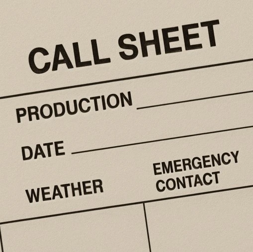 A close-up view of a professional call sheet header with clear labels for weather and emergency contact sections.