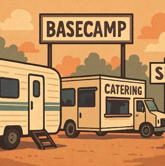 A stylized illustration of a film set 'Basecamp' with trailers, a catering truck, and a directional sign showing the way to the 'Set.'