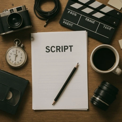 A top-down view of a cluttered filmmaker's desk with a script, a stopwatch, and a coffee mug to represent the preparation phase.