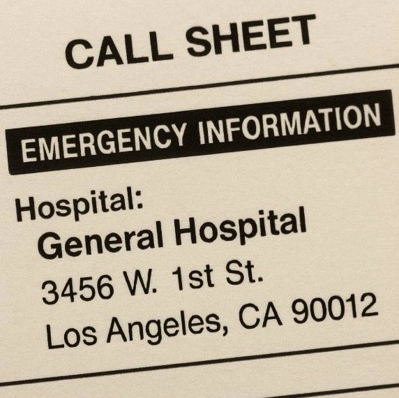 A close-up of the 'Emergency Information' section of a call sheet template highlighting the hospital address.
