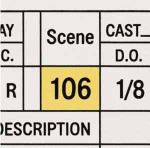 A close-up diagram of a single row from a shooting schedule highlighting the 'Scene Number' and '1/8' page count.