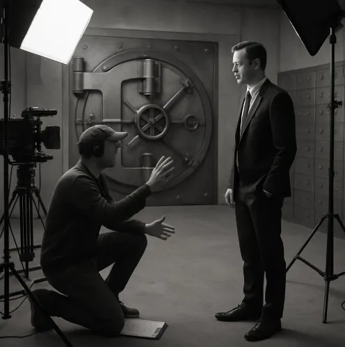 Wide shot of a film set showing a vault door and the director with an actor.