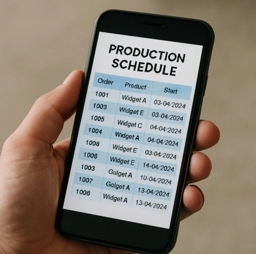 A high-quality photo of a hand holding a smartphone showing a production schedule app or document.