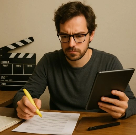 A filmmaker at a desk with a highlighter in one hand and a tablet in the other, symbolizing the choice between manual and digital workflows.
