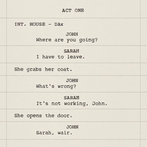 A single page of a script divided into eight equal horizontal sections with light pencil lines.