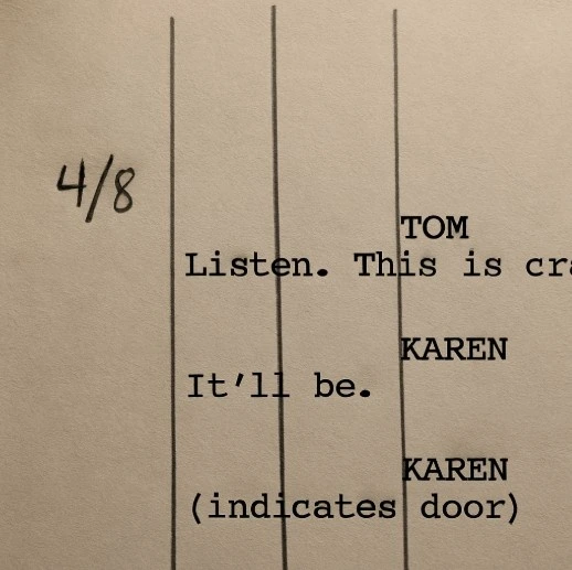 A photograph of a physical script page with vertical lines drawn through a scene and the notation '4/8' written in the margin.