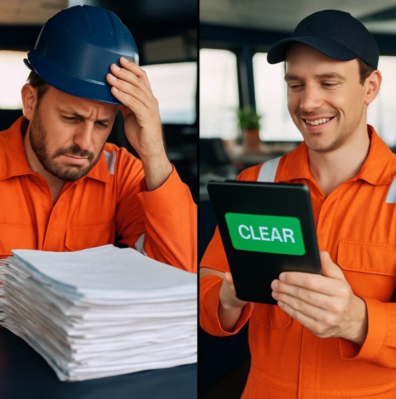 A split-screen style photo showing a frustrated crew member looking at a pile of paper vs. a smiling crew member looking at a clear notification on a tablet.