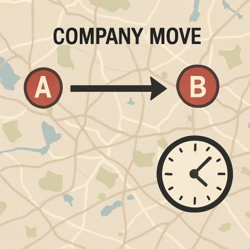 A simple map showing two locations with an arrow between them labeled 'Company Move' and a clock icon showing lost time.