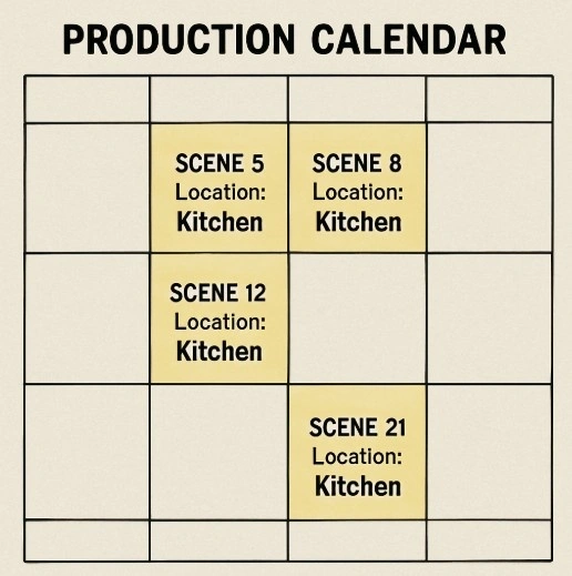 A simplified visual of a production calendar showing scenes from different parts of the movie grouped together by 'Location: Kitchen'.