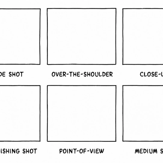 A simple 6-panel storyboard grid with clear drawing frames and shot descriptions below.