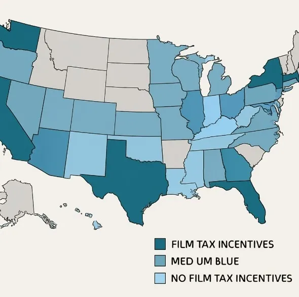 A map of the United States with specific states highlighted to show varying levels of film tax incentives.
