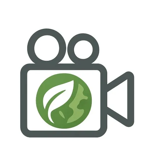 An icon of a film camera integrated with a green leaf or earth symbol.