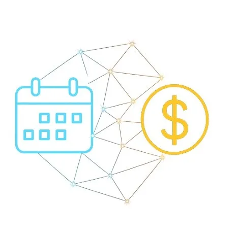 A conceptual graphic of a calendar icon connected by glowing lines to a dollar sign icon, representing the link between scheduling and budgeting.