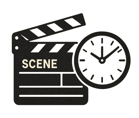 A simple graphic of a movie clapperboard next to a clock, symbolizing the relationship between scene numbers and timing.