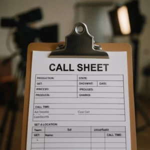 A focused close-up shot of a professional film call sheet clipped onto a weathered clipboard. The document is sharp and legible, showing time slots and scene details, while the background features the soft, cinematic bokeh of a busy film set with lights and crew members working in the distance.