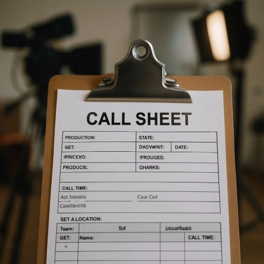 A focused close-up shot of a professional film call sheet clipped onto a weathered clipboard. The document is sharp and legible, showing time slots and scene details, while the background features the soft, cinematic bokeh of a busy film set with lights and crew members working in the distance.