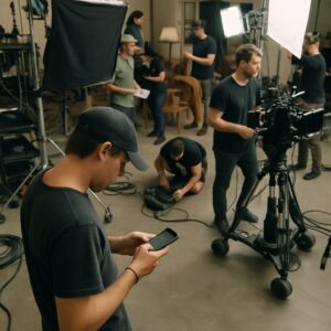 A high-angle photo of a bustling film set with a crew member in the foreground checking a smartphone.