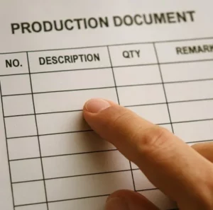 Close-up of a hand pointing to a grid row on a production document.
