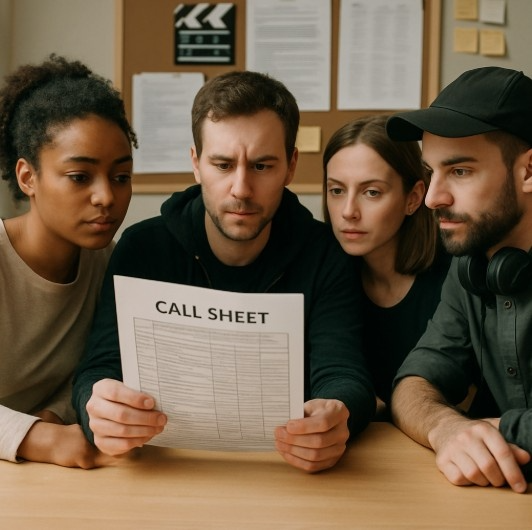 A team looking at a call sheet during a production meeting
