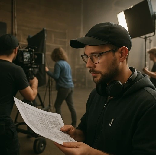 A professional film set during a transition, showing a 1st Assistant Director holding a detailed document while the crew moves equipment.