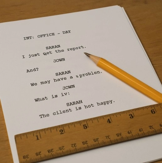 A professional-looking photo of a printed script page with a pencil and a ruler resting on top.