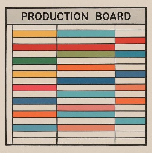 A high-level view of a production board showing horizontal strips of different colors grouped together by location.
