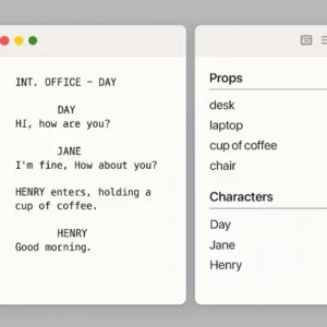A digital interface showing a script page on the left and a neatly categorized list of 'Props' and 'Characters' on the right.
