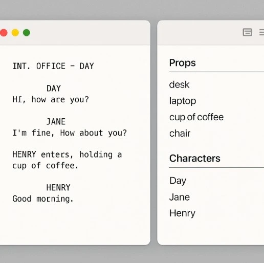 A digital interface showing a script page on the left and a neatly categorized list of 'Props' and 'Characters' on the right.