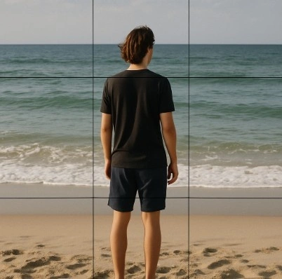A photo of a person standing on a beach with a Rule of Thirds grid overlaying the image, showing the subject aligned with one of the vertical lines.