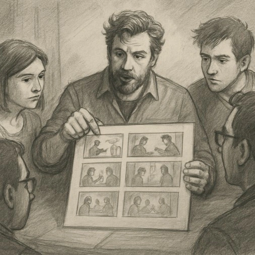 Director reviewing storyboard with team