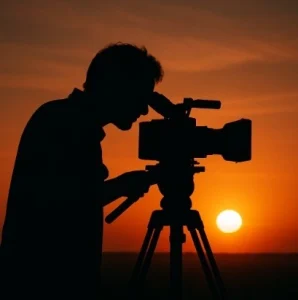 A silhouette of a filmmaker looking through a camera viewfinder at a beautiful sunrise, representing the beginning of their journey.