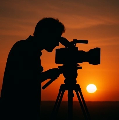 A silhouette of a filmmaker looking through a camera viewfinder at a beautiful sunrise, representing the beginning of their journey.