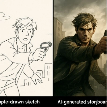 A split-screen comparison showing a simple hand-drawn sketch on one side and a detailed AI-generated cinematic storyboard on the other.