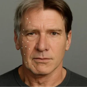 A close-up of an actor's face with light digital markers on one half and a fully rendered, younger version on the other half.