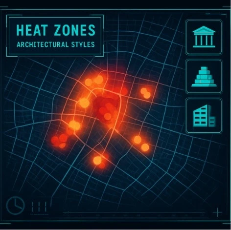 A high-tech digital interface showing a map of a city with 'Heat zones' indicating where specific architectural styles are located.