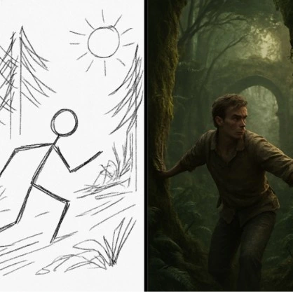 A split screen showing a rough stick-figure sketch on the left and a stunningly detailed, cinematic AI-generated storyboard frame of the same scene on the right.