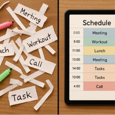 A split screen showing a desk covered in messy paper strips and highlighters on one side, and a clean, organized digital schedule on a tablet on the other side.