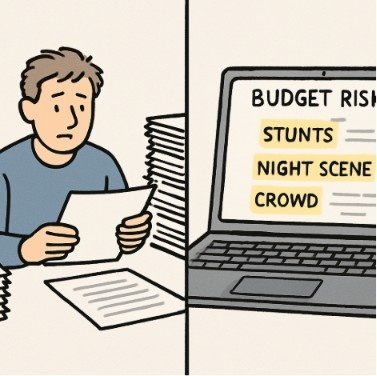 A clean, non-technical split-screen illustration showing a human producer surrounded by piles of paper versus a laptop screen highlighting specific budget risks in a script.