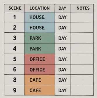 A simplified 'Digital Stripboard' showing colored bars representing different scenes grouped by location.