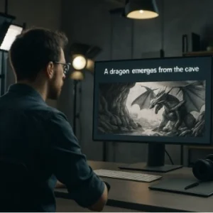 A filmmaker in a modern studio looking at a screen where a written sentence about a dragon is being transformed into a detailed cinematic storyboard.