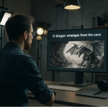 A filmmaker in a modern studio looking at a screen where a written sentence about a dragon is being transformed into a detailed cinematic storyboard.
