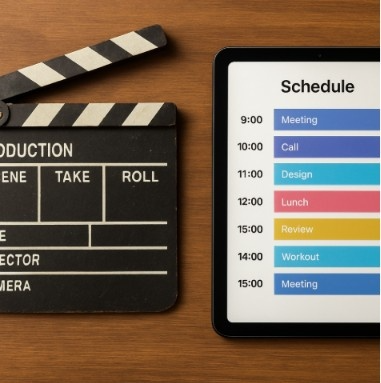 A side-by-side comparison concept showing an old-fashioned film clapboard next to a modern tablet displaying a sleek, colorful digital schedule.