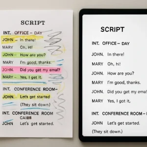 A side-by-side comparison of a paper script messy with colorful highlighters versus a clean digital interface.