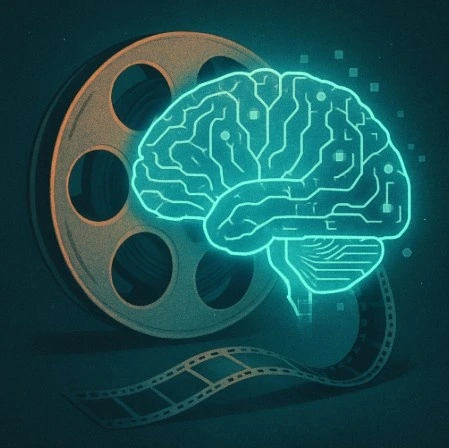 A conceptual visual of a digital brain overlaying a classic film reel, representing the 'memory' of past production data.